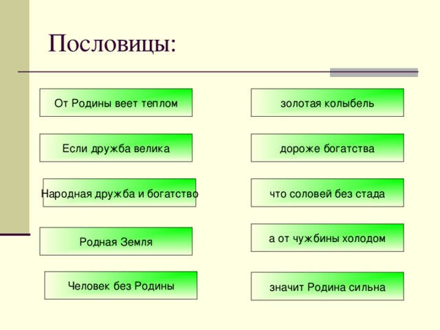 Пословицы: От Родины веет теплом золотая колыбель Если дружба велика дороже богатства Народная дружба и богатство что соловей без стада а от чужбины холодом Родная Земля Человек без Родины значит Родина сильна 
