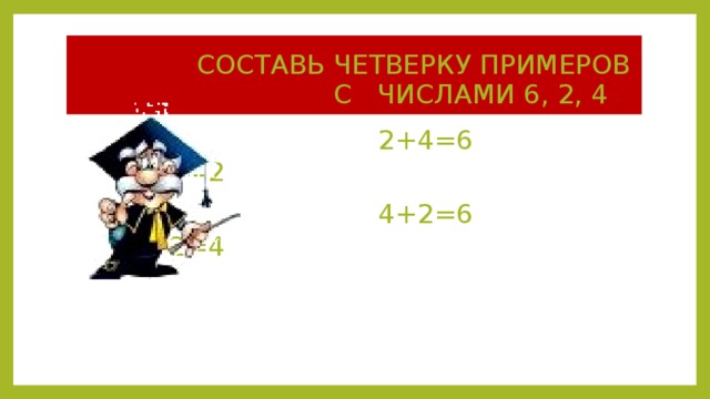  СОСТАВЬ ЧЕТВЕРКУ ПРИМЕРОВ  С ЧИСЛАМИ 6, 2, 4  2+4=6 6-4=2  4+2=6 6-2=4 