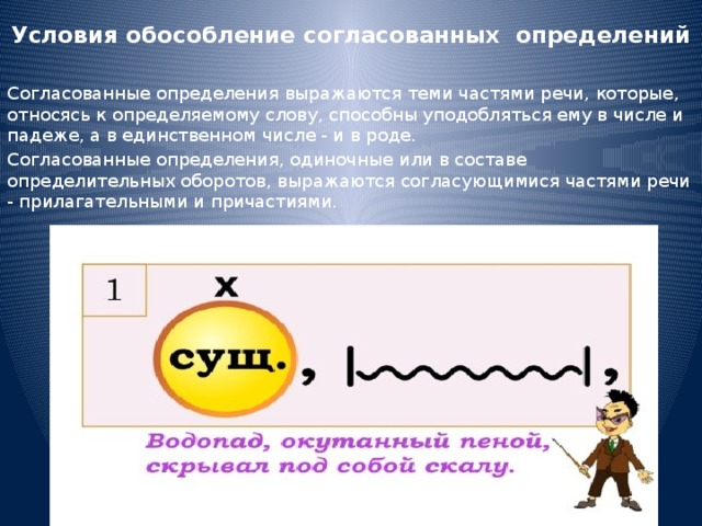 Условия обособление согласованных определений  Согласованные определения выражаются теми частями речи, которые, относясь к определяемому слову, способны уподобляться ему в числе и падеже, а в единственном числе - и в роде. Согласованные определения, одиночные или в составе определительных оборотов, выражаются согласующимися частями речи - прилагательными и причастиями.  