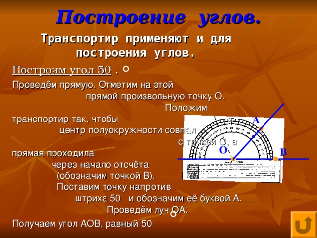 Построение углов. Транспортир применяют и для построения углов. Построим угол 50 . Проведём прямую. Отметим на этой прямой произвольную точку О. Положим транспортир так, чтобы центр полуокружности совпал с точкой О, а прямая проходила через начало отсчёта (обозначим точкой В). Поставим точку напротив штриха 50 и обозначим её буквой А. Проведём луч ОА. Получаем угол АОВ, равный 50 А О В 