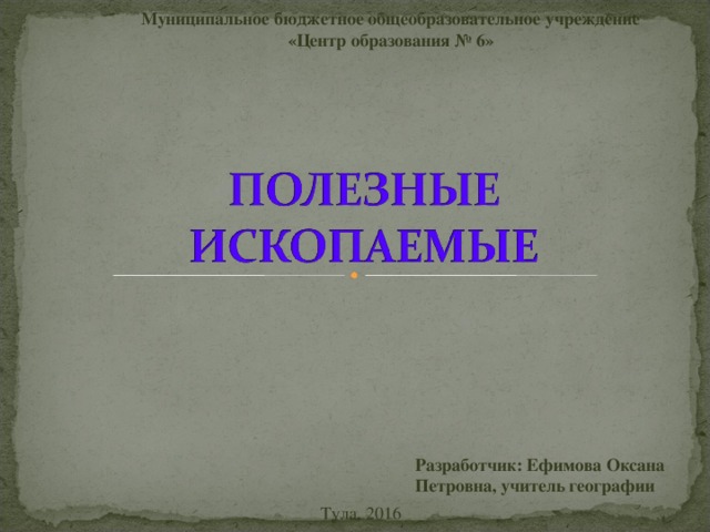 Муниципальное бюджетное общеобразовательное учреждение «Центр образования № 6» Разработчик: Ефимова Оксана Петровна, учитель географии Тула, 2016 