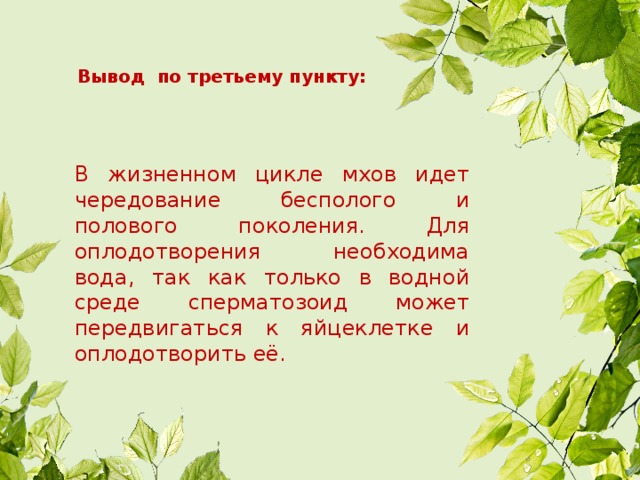 Вывод по третьему пункту: В жизненном цикле мхов идет чередование бесполого и полового поколения. Для оплодотворения необходима вода, так как только в водной среде сперматозоид может передвигаться к яйцеклетке и оплодотворить её. 