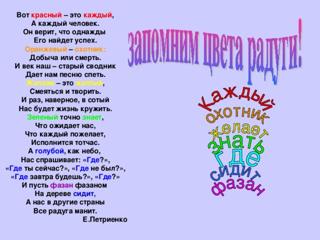  Вот красный – это каждый , А каждый человек. Он верит, что однажды Его найдет успех. Оранжевый – охотник: Добыча или смерть. И век наш – старый сводник Дает нам песню спеть. Желаем – это желтый , Смеяться и творить. И раз, наверное, в сотый Нас будет жизнь кружить. Зеленый точно знает , Что ожидает нас, Что каждый пожелает, Исполнится тотчас. А голубой , как небо, Нас спрашивает: « Где ?», « Где ты сейчас?», « Где не был?», « Где завтра будешь?», « Где ?» И пусть фазан фазаном На дереве сидит, А нас в другие страны Все радуга манит. Е.Петриенко 