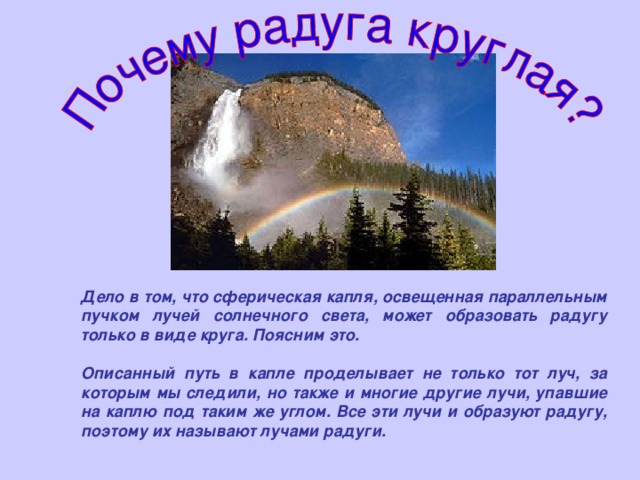 Дело в том, что сферическая капля, освещенная параллельным пучком лучей солнечного света, может образовать радугу только в виде круга. Поясним это.  Описанный путь в капле проделывает не только тот луч, за которым мы следили, но также и многие другие лучи, упавшие на каплю под таким же углом. Все эти лучи и образуют радугу, поэтому их называют лучами радуги. 