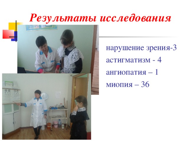 Результаты исследования  нарушение зрения-3  астигматизм - 4  ангиопатия – 1  миопия – 36 