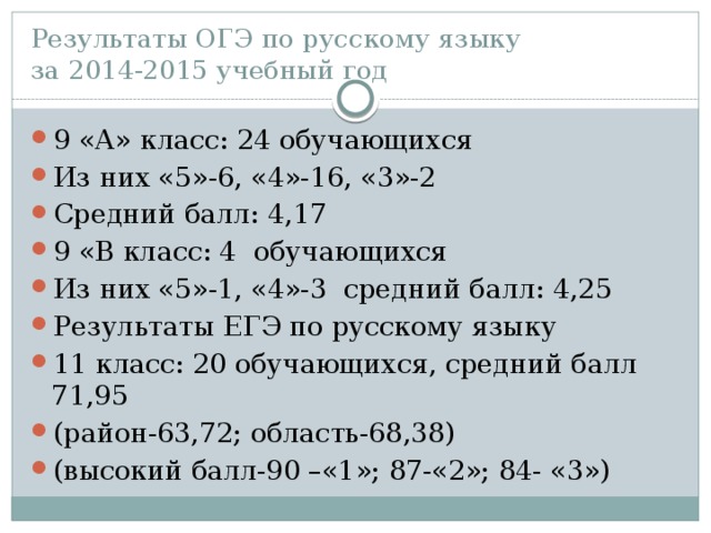 Результаты ОГЭ по русскому языку  за 2014-2015 учебный год 9 «А» класс: 24 обучающихся Из них «5»-6, «4»-16, «3»-2 Средний балл: 4,17 9 «В класс: 4 обучающихся Из них «5»-1, «4»-3 средний балл: 4,25 Результаты ЕГЭ по русскому языку 11 класс: 20 обучающихся, средний балл 71,95 (район-63,72; область-68,38) (высокий балл-90 –«1»; 87-«2»; 84- «3») 