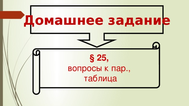 Домашнее задание § 25, вопросы к пар., таблица 