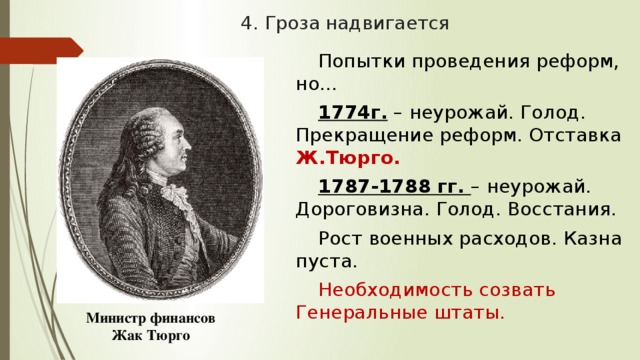 4. Гроза надвигается Попытки проведения реформ, но… 1774г. – неурожай. Голод. Прекращение реформ. Отставка Ж.Тюрго. 1787-1788 гг. – неурожай. Дороговизна. Голод. Восстания. Рост военных расходов. Казна пуста. Необходимость созвать Генеральные штаты. Министр финансов Жак Тюрго 