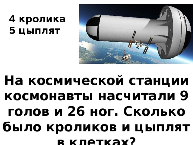 4 кролика 5 цыплят На космической станции космонавты насчитали 9 голов и 26 ног. Сколько было кроликов и цыплят в клетках? 