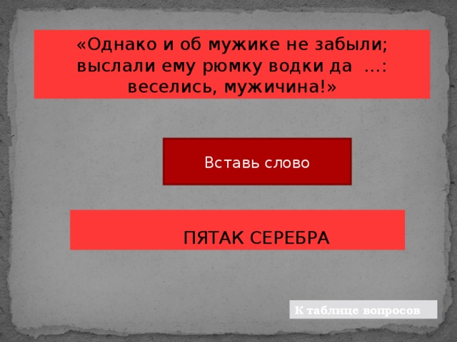 Однако связывает. И О мужике не забыли выслали ему да пятак серебра веселись мужичина. Однако и об мужике не забыли; выслали ему рюмку водки да пятак. Рюмку водки да пятак серебра. Рюмка водки и пятак серебра.