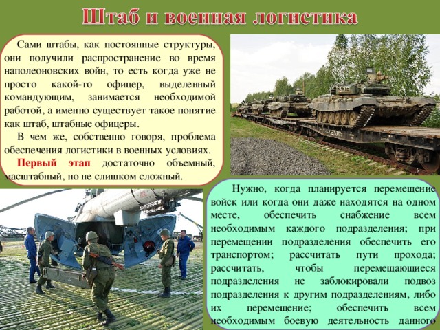 Сами штабы, как постоянные структуры, они получили распространение во время наполеоновских войн, то есть когда уже не просто какой-то офицер, выделенный командующим, занимается необходимой работой, а именно существует такое понятие как штаб, штабные офицеры. В чем же, собственно говоря, проблема обеспечения логистики в военных условиях. Первый этап достаточно объемный, масштабный, но не слишком сложный. Нужно, когда планируется перемещение войск или когда они даже находятся на одном месте, обеспечить снабжение всем необходимым каждого подразделения; при перемещении подразделения обеспечить его транспортом; рассчитать пути прохода; рассчитать, чтобы перемещающиеся подразделения не заблокировали подвоз подразделения к другим подразделениям, либо их перемещение; обеспечить всем необходимым боевую деятельность данного подразделения. 