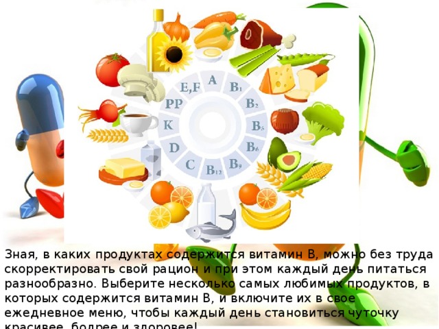 Зная, в каких продуктах содержится витамин В, можно без труда скорректировать свой рацион и при этом каждый день питаться разнообразно. Выберите несколько самых любимых продуктов, в которых содержится витамин В, и включите их в свое ежедневное меню, чтобы каждый день становиться чуточку красивее, бодрее и здоровее! 