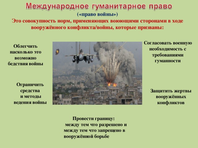 («право войны») Это совокупность норм, применяющих воюющими сторонами в ходе вооружённого конфликта/войны, которые призваны: Согласовать военную необходимость с требованиями гуманности Облегчить насколько это возможно бедствия войны Ограничить средства  и методы ведения войны Защитить жертвы вооружённых конфликтов  Провести границу:  между тем что разрешено и между тем что запрещено в вооружённой борьбе  