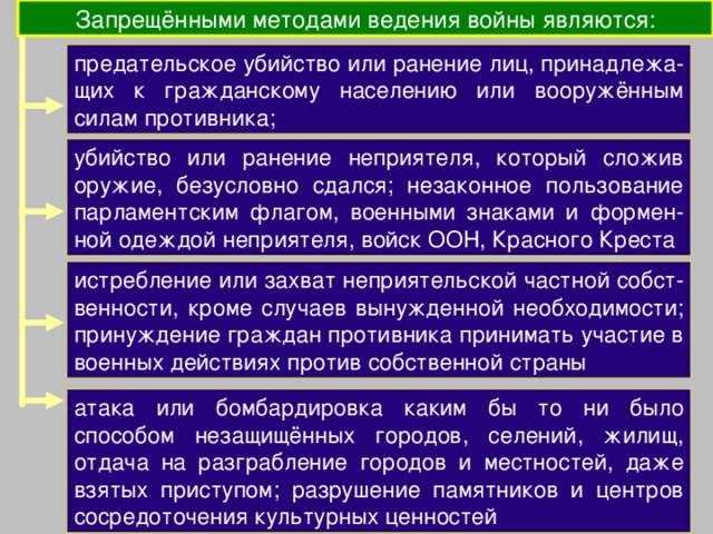 Запрещёнными методами ведения войны являются: предательское убийство или ранение лиц, принадлежа-щих к гражданскому населению или вооружённым силам противника; убийство или ранение неприятеля, который сложив оружие, безусловно сдался; незаконное пользование парламентским флагом, военными знаками и формен-ной одеждой неприятеля, войск ООН, Красного Креста истребление или захват неприятельской частной собст-венности, кроме случаев вынужденной необходимости; принуждение граждан противника принимать участие в военных действиях против собственной страны атака или бомбардировка каким бы то ни было способом незащищённых городов, селений, жилищ, отдача на разграбление городов и местностей, даже взятых приступом; разрушение памятников и центров сосредоточения культурных ценностей 