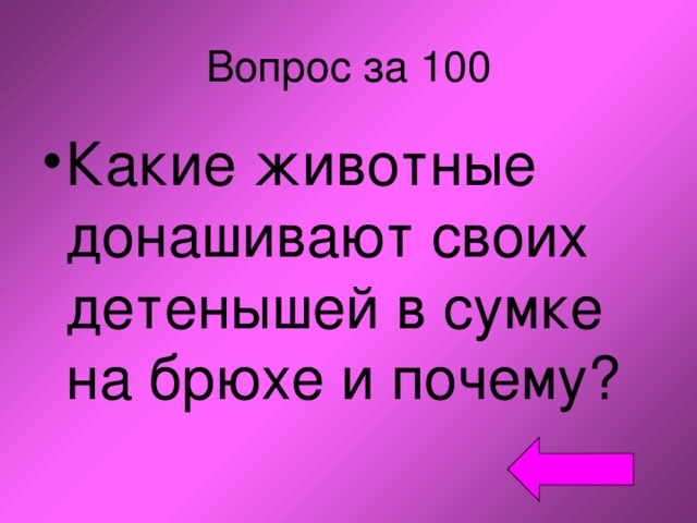 Вопрос за 100 Какие животные донашивают своих детенышей в сумке на брюхе и почему? 