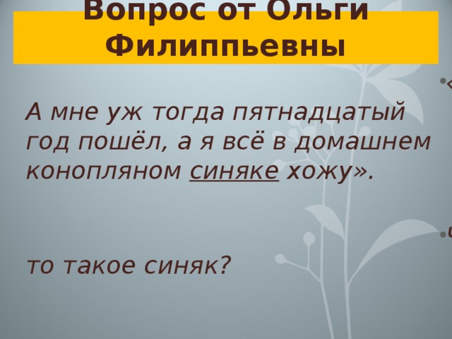 Вопрос от Ольги Филиппьевны «А мне уж тогда пятнадцатый год пошёл, а я всё в домашнем конопляном синяке хожу».  Что такое синяк? 