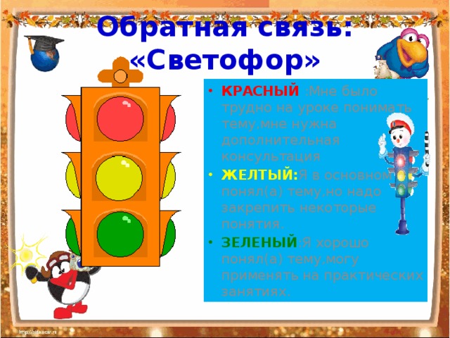 Обратная связь: «Светофор» КРАСНЫЙ :Мне было трудно на уроке понимать тему,мне нужна дополнительная консультация ЖЕЛТЫЙ: Я в основном понял(а) тему,но надо закрепить некоторые понятия. ЗЕЛЕНЫЙ :Я хорошо понял(а) тему,могу применять на практических занятиях. 