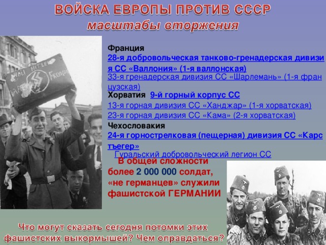 Франция 28-я добровольческая танково-гренадерская дивизия СС «Валлония» (1-я валлонская) 33-я гренадерская дивизия СС «Шарлемань» (1-я французская) Хорватия 9-й горный корпус СС 13-я горная дивизия СС «Ханджар» (1-я хорватская) 23-я горная дивизия СС «Кама» (2-я хорватская) Чехословакия 24-я горнострелковая (пещерная) дивизия СС «Карстъегер»  Гуральский добровольческий легион СС   В общей сложности более 2 000 000 солдат, «не германцев» служили фашистской ГЕРМАНИИ 