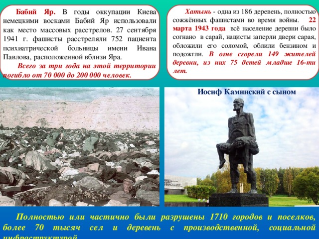 Бабий Яр. В годы оккупации Киева немецкими восками Бабий Яр использовали как место массовых расстрелов. 27 сентября 1941 г. фашисты расстреляли 752 пациента психиатрической больницы имени Ивана Павлова, расположенной вблизи Яра. Хатынь  - одна из 186 деревень, полностью сожжённых фашистами во время войны. 22 марта 1943 года  всё население деревни было согнано в сарай, нацисты заперли двери сарая, обложили его соломой, облили бензином и подожгли. В огне сгорели 149 жителей деревни, из них 75 детей младше 16-ти лет.   Всего за три года на этой территории погибло от 70 000 до 200 000 человек.   Иосиф Каминский с сыном Полностью или частично были разрушены 1710 городов и поселков, более 70 тысяч сел и деревень с производственной, социальной инфраструктурой. 