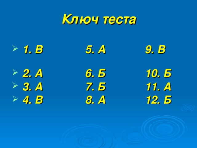 Ключ теста  1. В 5. А 9. В  2. А 6. Б 10. Б  3. А 7. Б 11. А  4. В 8. А 12. Б 