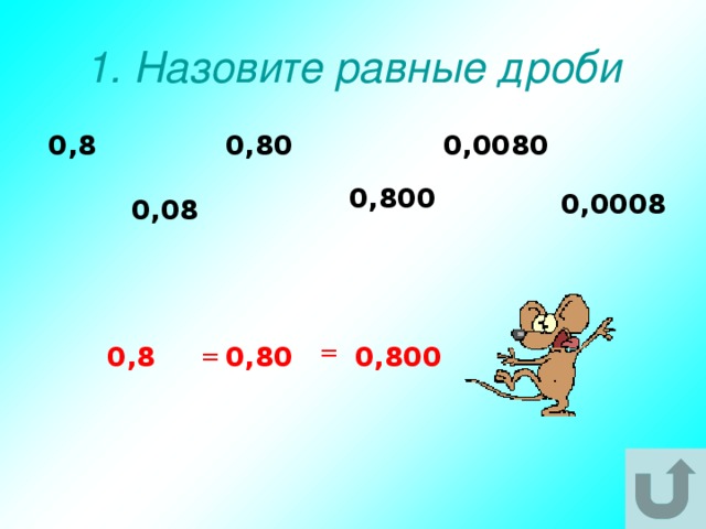 1. Назовите равные дроби 0,0080 0,80 0,8 0,800 0,0008 0,08 = 0,8 0,80 0,800 = 