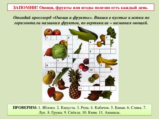 ЗАПОМНИ! Овощи, фрукты или ягоды полезно есть каждый день . Отгадай кроссворд «Овощи и фрукты». Впиши в пустые клетки по горизонтали названия фруктов, по вертикали – названия овощей. ПРОВЕРИМ: 1. Яблоко. 2. Капуста. 3. Репа. 4. Кабачок. 5. Банан. 6. Слива. 7. Лук. 8. Груша. 9. Свёкла. 10. Киви. 11. Ананасы. 