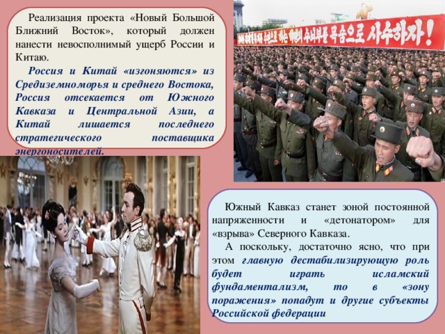 Реализация проекта «Новый Большой Ближний Восток», который должен нанести невосполнимый ущерб России и Китаю. Россия и Китай «изгоняются» из Средиземноморья и среднего Востока, Россия отсекается от Южного Кавказа и Центральной Азии, а Китай лишается последнего стратегического поставщика энергоносителей. Южный Кавказ станет зоной постоянной напряженности и «детонатором» для «взрыва» Северного Кавказа. А поскольку, достаточно ясно, что при этом главную дестабилизирующую роль будет играть исламский фундаментализм, то в «зону поражения» попадут и другие субъекты Российской федерации . 