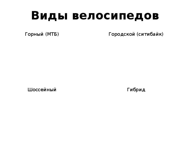 Виды велосипедов Горный (МТБ) Городской (ситибайк) Гибрид Шоссейный 