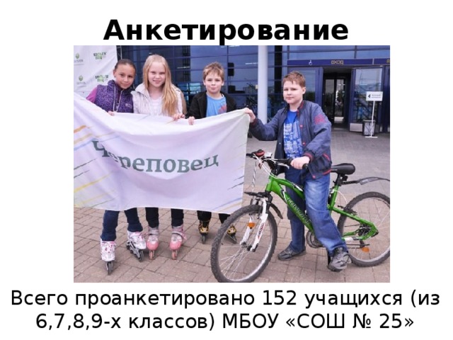 Анкетирование Всего проанкетировано 152 учащихся (из 6,7,8,9-х классов) МБОУ «СОШ № 25» 