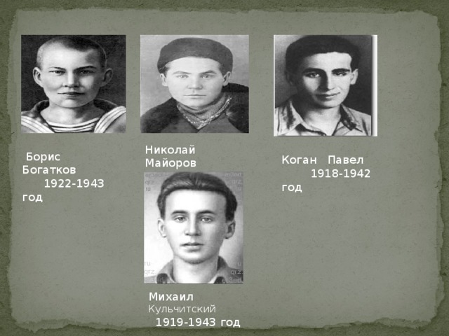 Николай Майоров  1919-1942 год  Борис Богатков  1922-1943 год Коган Павел  1918-1942 год Михаил Кульчитский  1919-1943 год 