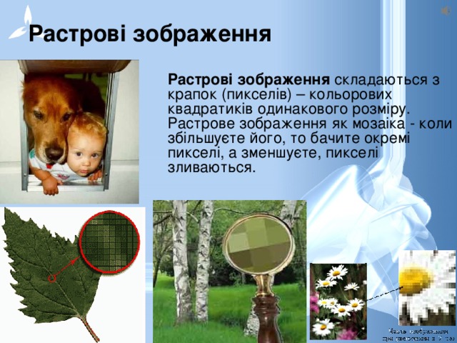 Растрові зображення  Растрові зображення складаються з крапок (пикселів) – кольорових квадратиків одинакового розміру. Растрове зображення як мозаіка - коли збільшуєте його, то бачите окремі пикселі, а зменшуєте, пикселі зливаються. 