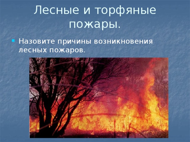 Лесные и торфяные пожары. Назовите причины возникновения лесных пожаров. 