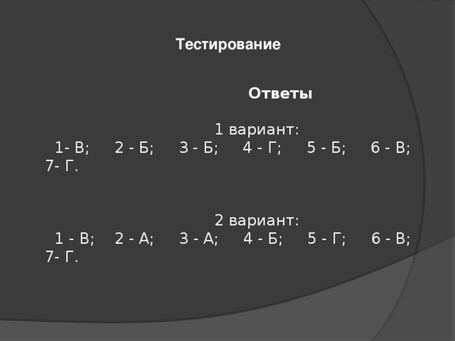 Тестирование  Ответы   1 вариант:  1- В; 2 - Б; 3 - Б; 4 - Г; 5 - Б; 6 - В; 7- Г.    2 вариант:  1 - В; 2 - А; 3 - А; 4 - Б; 5 - Г; 6 - В; 7- Г.   