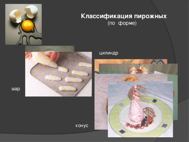  Классификация пирожных  (по форме) цилиндр шар конус 