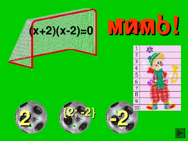 гол! мимо! мимо! (х+2)(х-2)=0 -2 2 { 2; -2 } 