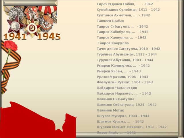 Сафин Речап, … – 1941 Сирачетдинов Набик, … – 1942 Сулейманов Сулейман, 1911 – 1942 Султанов Ахметчан, … – 1942 Тавлеев Шабан Таиров Сибатулла, … – 1942 Таиров Хабибулла, … – 1943 Таиров Халиулла, … – 1942  Таиров Хайрулла Тачетдинов Сагитулла, 1910 – 1942 Турушев Абушахман, 1913 – 1944 Турушев Абуталип, 1903 – 1944 Умиров Калимулла, … – 1942 Умиров Хисам, … – 1943 Уразов Уразали, 1906 – 1943 Фазлуллин Хутчат, 1904 – 1943 Хайдаров Чамалетдин Хайдаров Наразмет, … – 1942 Хакимов Нигматулла Хакимов Сибгатулла, 1924 – 1942 Хакимов Мотак Юнусов Мугарис, 1904 – 1944 Шаимов Кузьма, … – 1942 Шуркин Махмет Ниязович, 1912 – 1942 Янаев Янай, … – 1942   