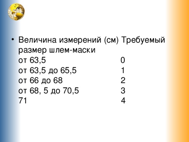 Величина измерений (см) Требуемый размер шлем-маски  от 63,5 0  от 63,5 до 65,5 1  от 66 до 68 2  от 68, 5 до 70,5 3  71 4 