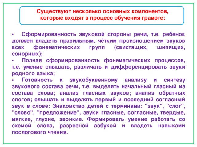 Существуют несколько основных компонентов, которые входят в процесс обучения грамоте: •  Сформированность звуковой стороны речи, т.е. ребенок должен владеть правильным, чётким произношением звуков всех фонематических групп (свистящих, шипящих, сонорных); •  Полная сформированность фонематических процессов, т.е. умение слышать, различать и дифференцировать звуки родного языка; •  Готовность к звукобуквенному анализу и синтезу звукового состава речи, т.е. выделять начальный гласный из состава слова; анализ гласных звуков; анализ обратных слогов; слышать и выделять первый и последний согласный звук в слове: Знакомство детей с терминами: 