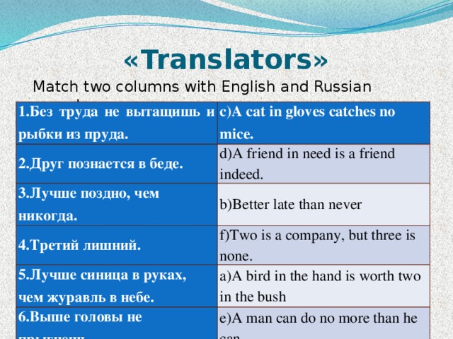 Переводчик match. English and Russian Proverbs. Proverbs and sayings in English. Two is a Company, but three is none. Буклет English idioms a Cat in Gloves catches no Mice.