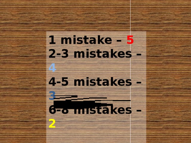 1 mistake – 5 2-3 mistakes – 4 4-5 mistakes – 3 6-8 mistakes – 2   
