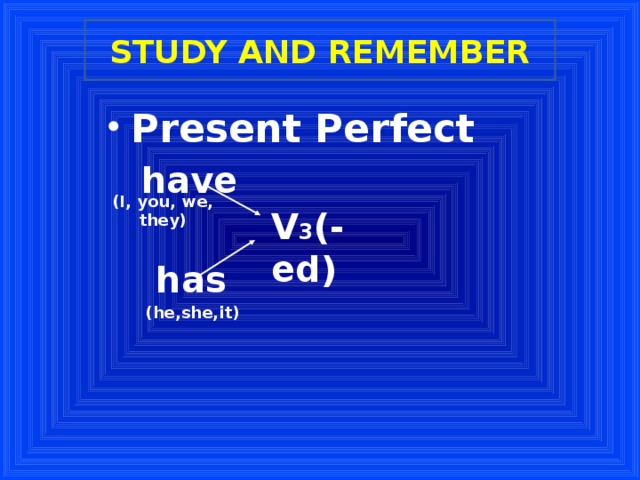 STUDY AND REMEMBER Present Perfect  have   has  (he,she,it)   V 3 (-ed) (I, you, we, they) 