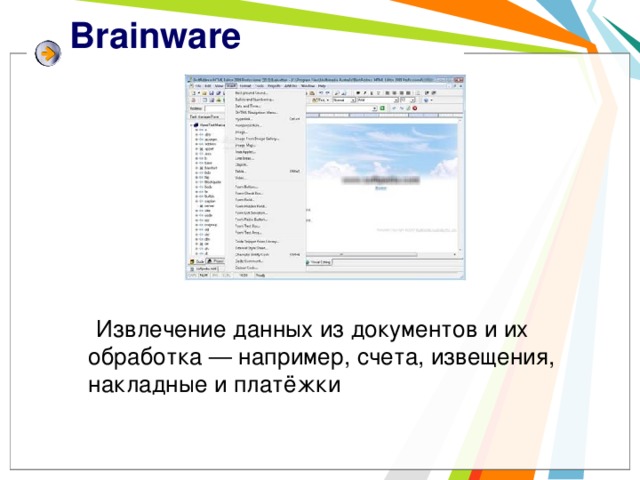 Brainware    Извлечение данных из документов и их обработка — например, счета, извещения, накладные и платёжки 