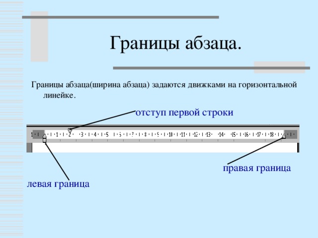 Границы абзаца. Границы абзаца(ширина абзаца) задаются движками на горизонтальной линейке. отступ первой строки правая граница левая граница 