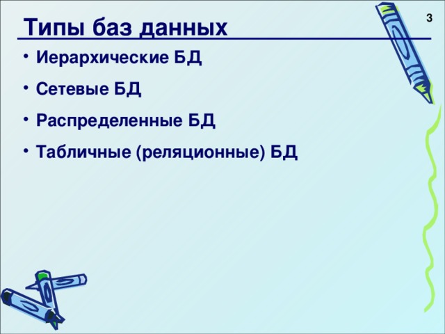  Типы баз данных Иерархические БД Сетевые БД Распределенные БД Табличные (реляционные) БД    