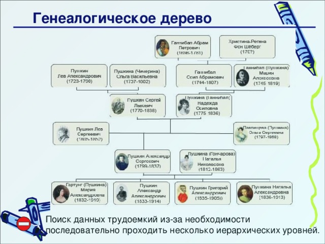 Генеалогическое дерево Поиск данных трудоемкий из-за необходимости последовательно проходить несколько иерархических уровней.   