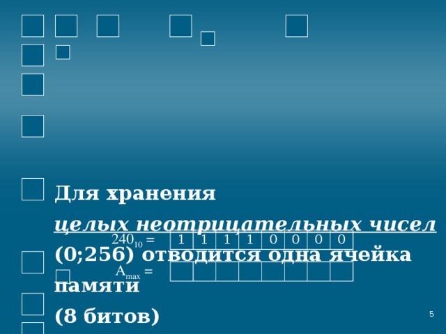 Для хранения  целых неотрицательных чисел (0;256) отводится одна ячейка памяти  (8 битов) 240 10 = 1 1 1 1 0 0 0 0 А max =  