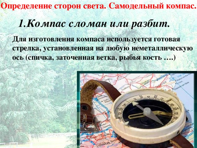 Определение сторон света. Самодельный компас. Компас сломан или разбит.    Для изготовления компаса используется готовая стрелка, установленная на любую неметаллическую ось (спичка, заточенная ветка, рыбья кость ….) 