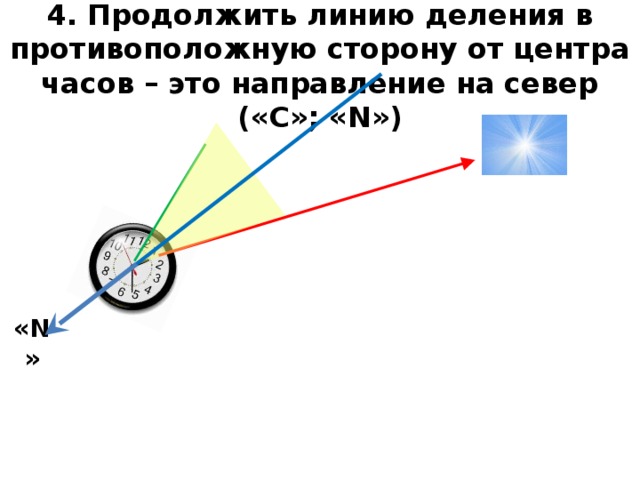 4. Продолжить линию деления в противоположную сторону от центра часов – это направление на север («С»; « N ») « N » 