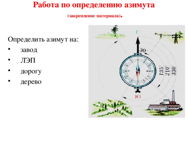 Работа по определению азимута   (закрепление материала) .   Определить азимут на: завод ЛЭП дорогу дерево 
