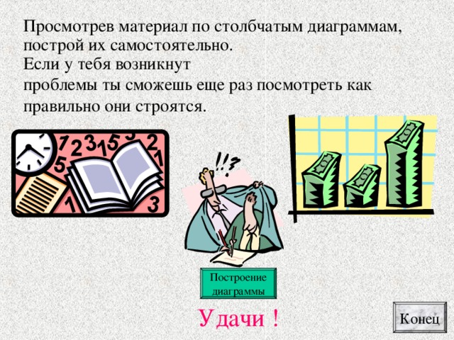 Просмотрев материал по столбчатым диаграммам, построй их самостоятельно. Если у тебя возникнут проблемы ты сможешь еще раз посмотреть как правильно они строятся. Построение диаграммы Удачи ! Конец 